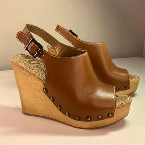 Sam Edelman  camille tan studded leather wood wedge sandal